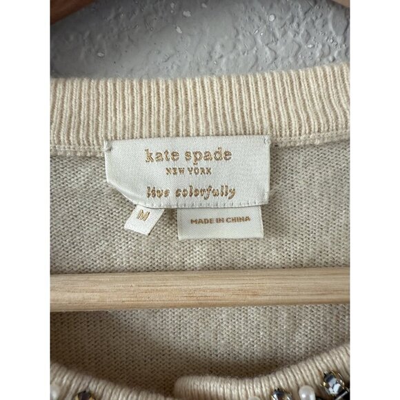 Kate Spade Elizabeth Be Dazzled Wool Ivory Beaded Pearl Cardigan Timeless Dainty - Picture 7 of 10